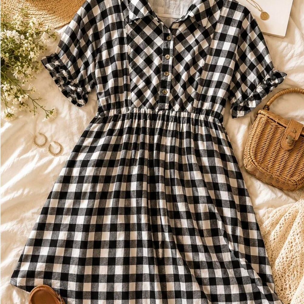 Downeast Women’s Medium Black White Gingham Button Front Dress Cottagecore